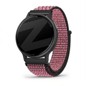Nylon Loop Strap, berry, on a watch, 3/4 front view
