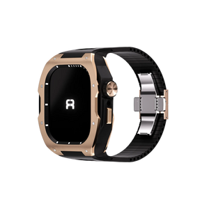 Silicone Case with Rubber Strap, rose gold/black, on a watch, 3/4 front view