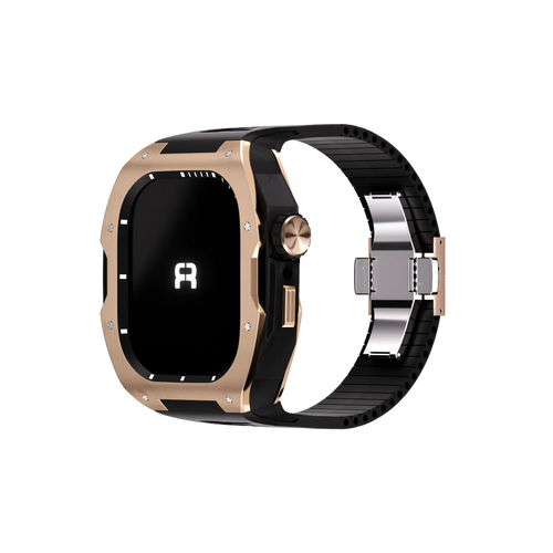 Silicone Case with Rubber Strap, rose gold/black, on a watch, 3/4 front view