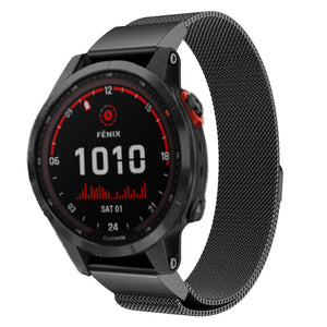Milanese Strap, black, on a watch, 3/4 front view