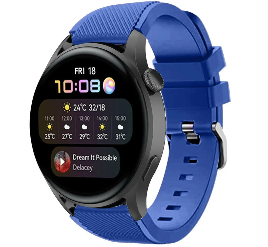 Twill Silicone Strap, blue, on a watch, 3/4 front view