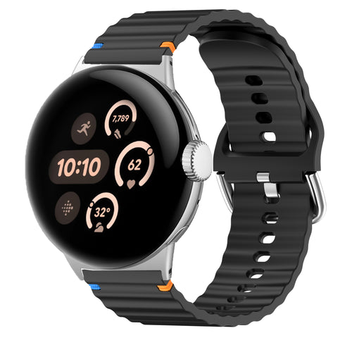 Wave Silicone Strap, black, on a watch, 3/4 front view