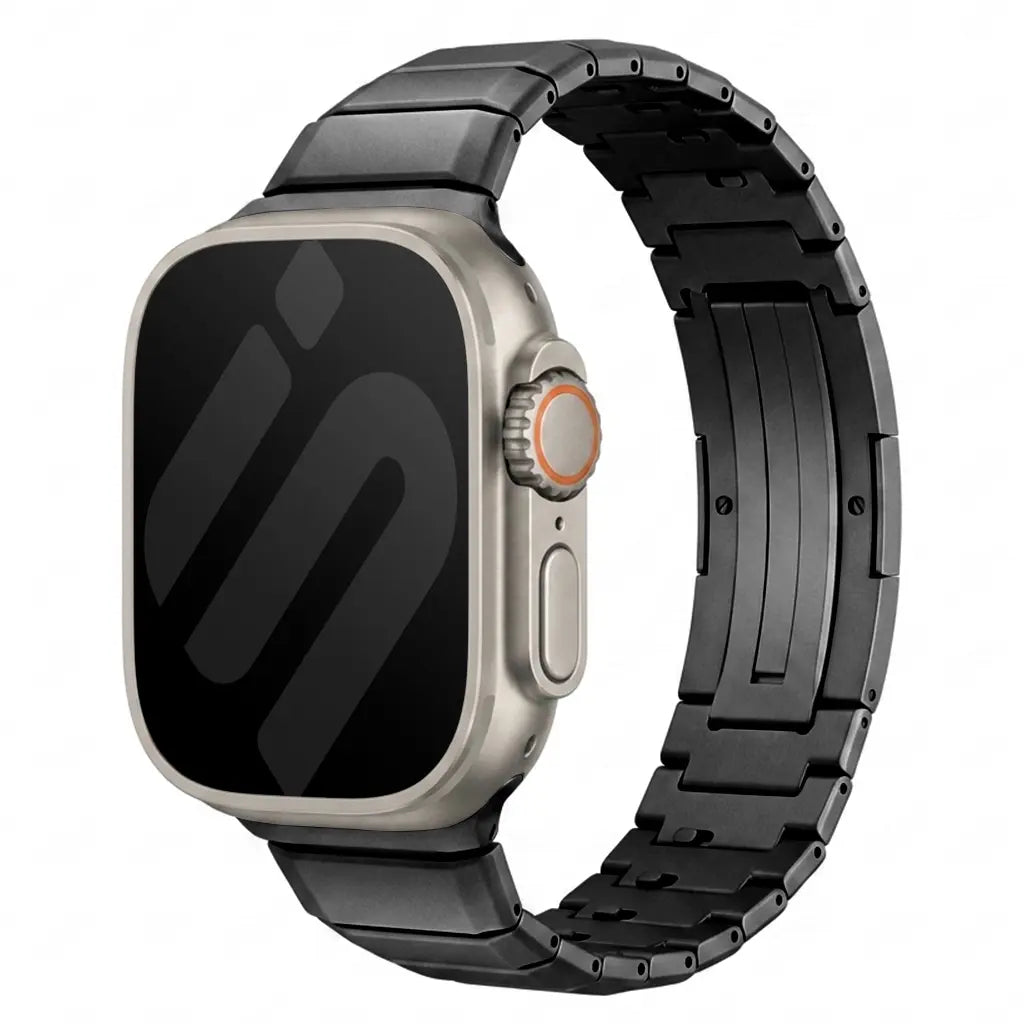One Bead Titanium Strap, black, on a watch, 3/4 front view