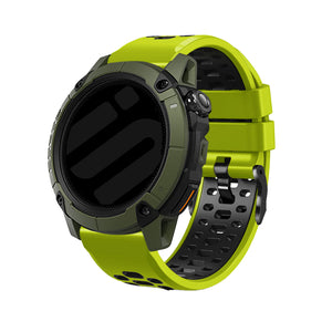 Silicone Sport Buckle Strap, lime/black, on a watch, 3/4 front view