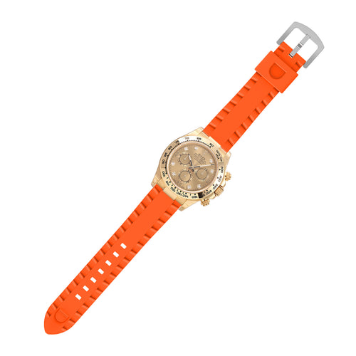 Wave Silicone Strap, orange, on a watch, 3/4 front view