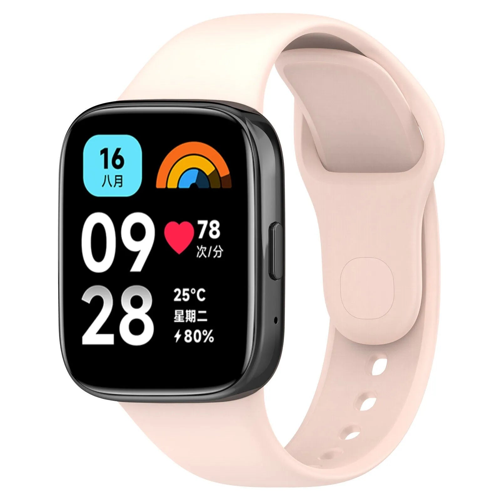 Silicone Strap, pink, on a watch, 3/4 front view