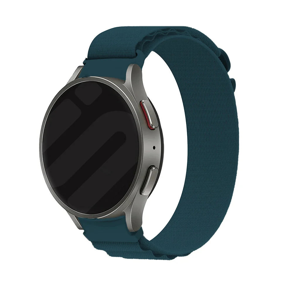 Alpine Nylon Strap, blue, on a watch, 3/4 front view