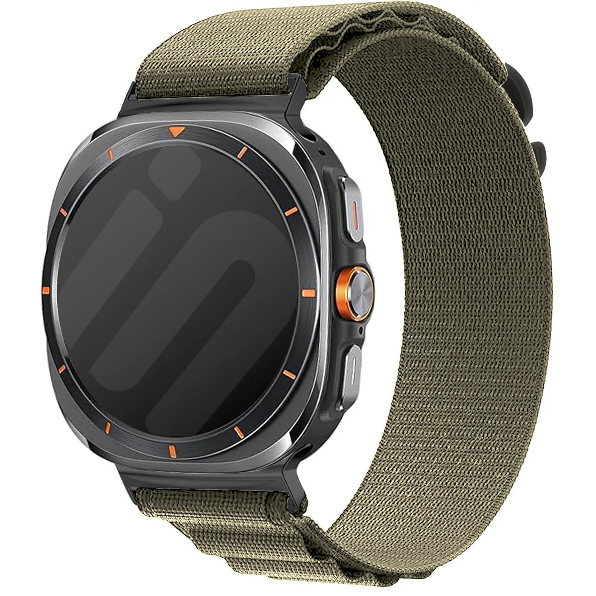 Alpine Nylon Strap, olive, on a watch, 3/4 front view