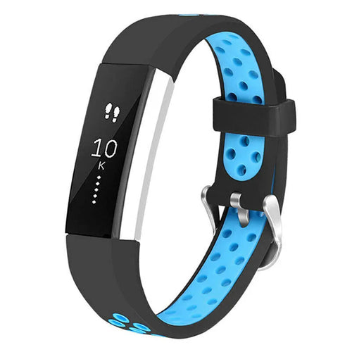 Silicone Sport Strap, black/blue, on a watch, 3/4 front view