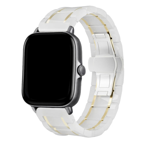 Metal Ceramic Link Strap, white/gold, on a watch, 3/4 front view