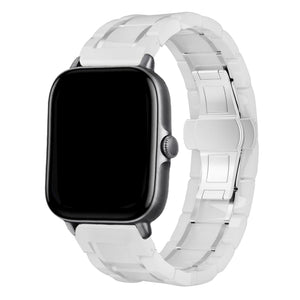 Metal Ceramic Link Strap, white/silver, on a watch, 3/4 front view