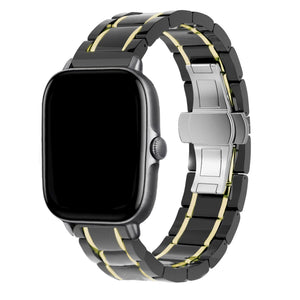 Metal Ceramic Link Strap, black/gold, on a watch, 3/4 front view