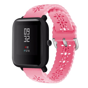 Patterned Silicone Strap, bright pink, on a watch, 3/4 front view