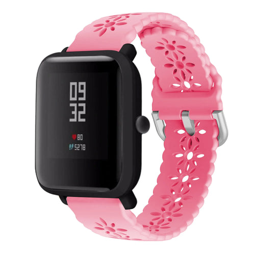 Patterned Silicone Strap, bright pink, on a watch, 3/4 front view
