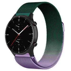 Milanese Strap, purple/green, on a watch, 3/4 front view