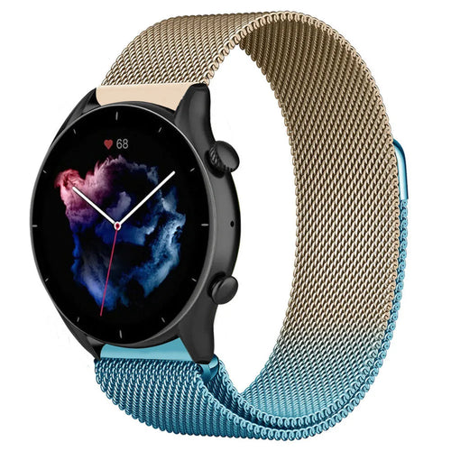 Milanese Strap, blue/gold, on a watch, 3/4 front view