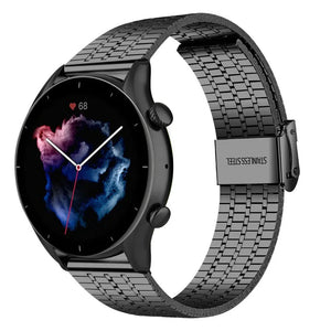 Fine Steel Strap, black, on a watch, 3/4 front view