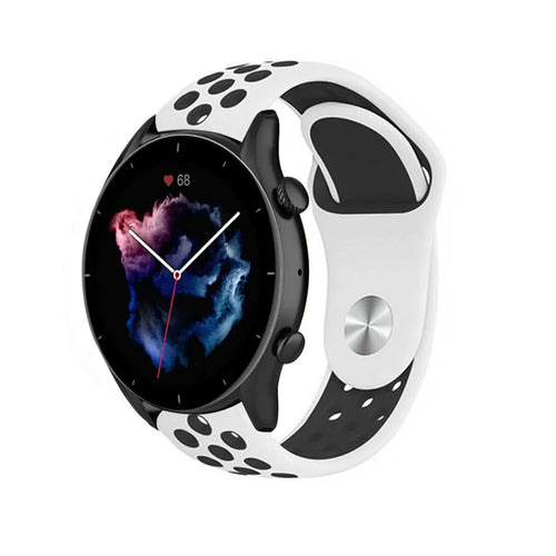 Silicone Sport Strap, white/black, on a watch, 3/4 front view