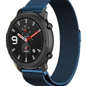 Milanese Strap, blue, on a watch, 3/4 front view