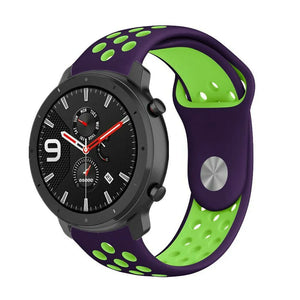 Silicone Sport Strap, purple/green, on a watch, 3/4 front view