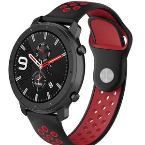 Silicone Sport Strap, black/red, on a watch, 3/4 front view