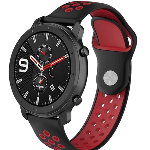 Silicone Sport Strap, black/red, on a watch, 3/4 front view