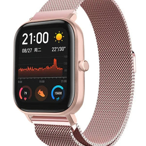 Milanese Strap, pink, on a watch, 3/4 front view