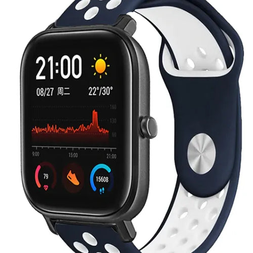 Silicone Sport Strap, blue/white, on a watch, 3/4 front view