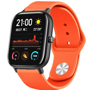 Silicone Sport Strap, orange, on a watch, 3/4 front view