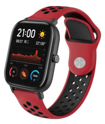 Silicone Sport Strap, red/black, on a watch, 3/4 front view