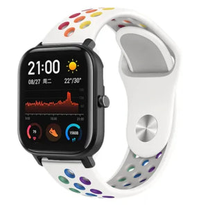 Silicone Sport Strap, white/colourful, on a watch, 3/4 front view