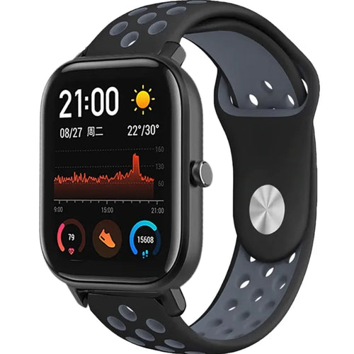 Silicone Sport Strap, black/grey, on a watch, 3/4 front view
