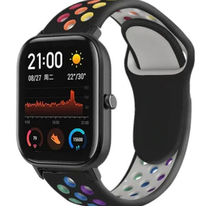 Silicone Sport Strap, black/colourful, on a watch, 3/4 front view
