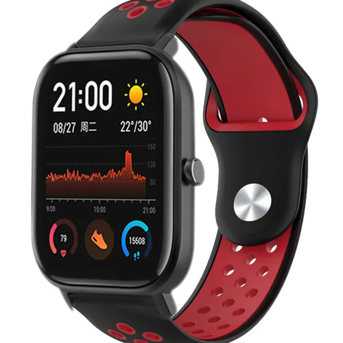 Silicone Sport Strap, black/red, on a watch, 3/4 front view