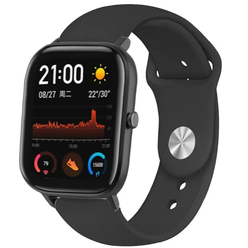 Silicone Sport Strap, black, on a watch, 3/4 front view