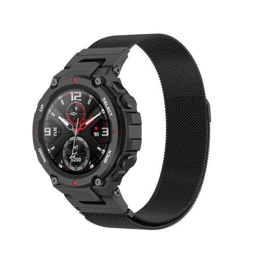 Milanese Strap, black, on a watch, 3/4 front view