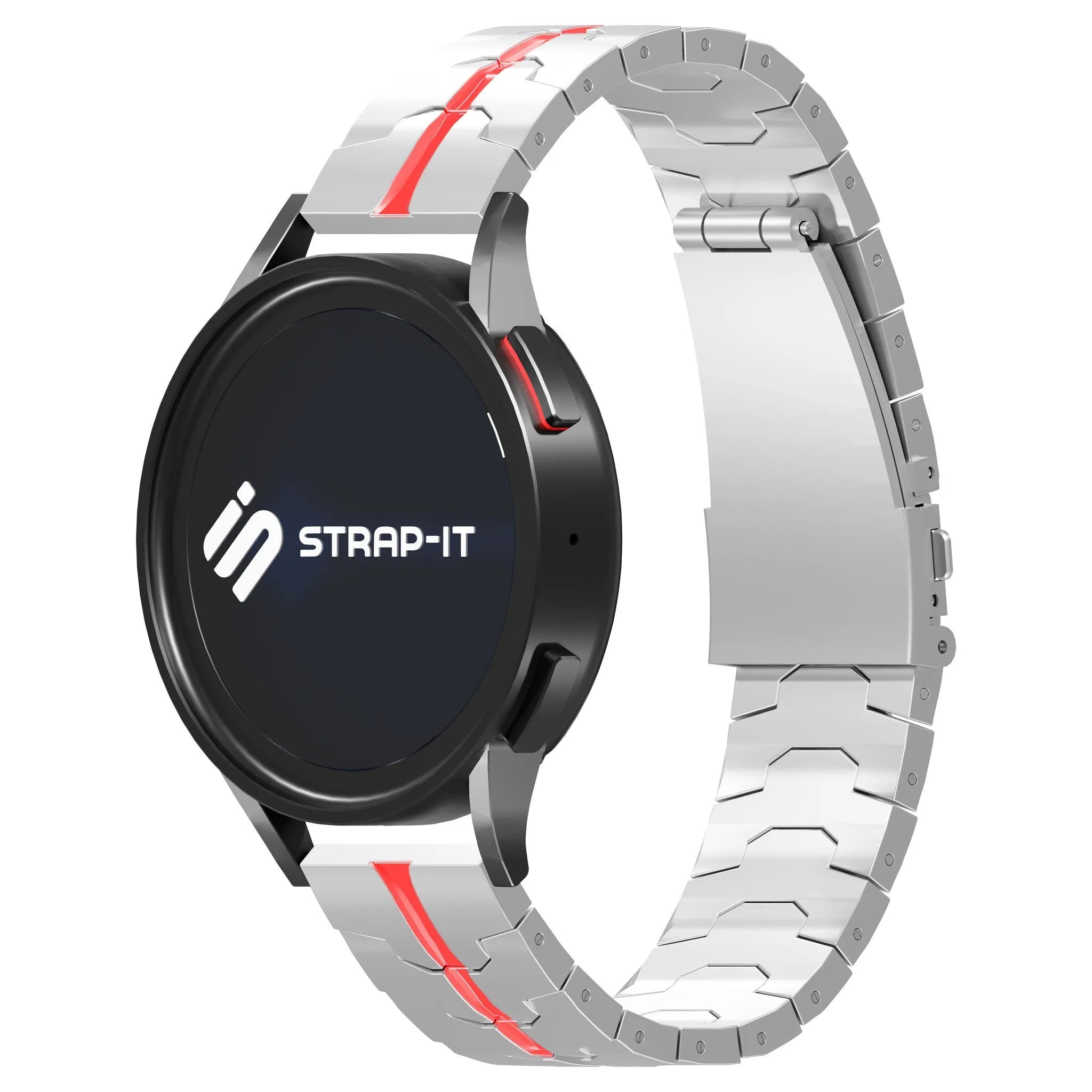 Steel Iron Strap, silver/red, on a watch, 3/4 front view