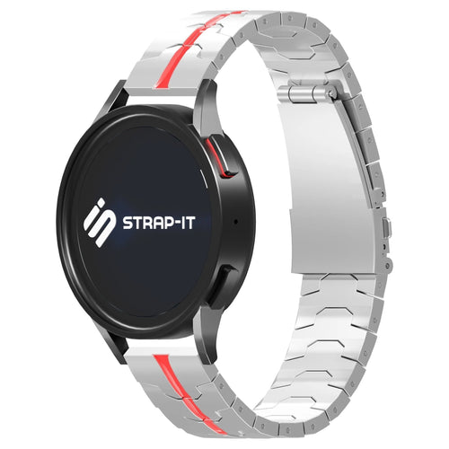 Steel Iron Strap, silver/red, on a watch, 3/4 front view