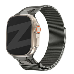 Milanese Strap 'Mecha', titanium grey, on a watch, 3/4 front view