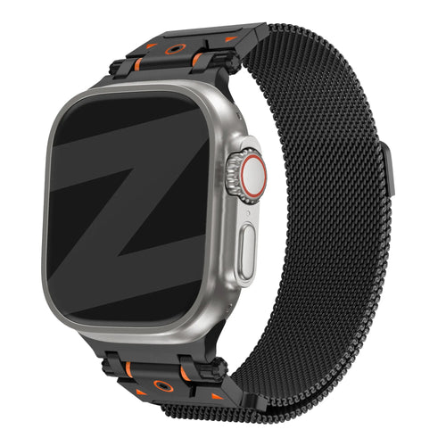 Rugged Milanese Strap, black, on a watch, 3/4 front view
