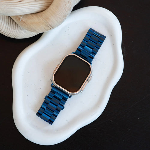 Steel Strap, blue, on a watch, 3/4 front view