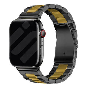 Steel Strap, black/gold, on a watch, 3/4 front view