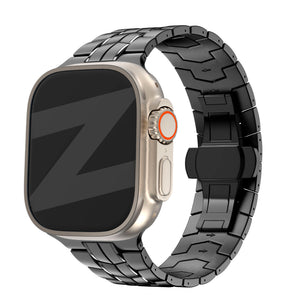 Titanium Strap 'Supreme', black, on a watch, 3/4 front view