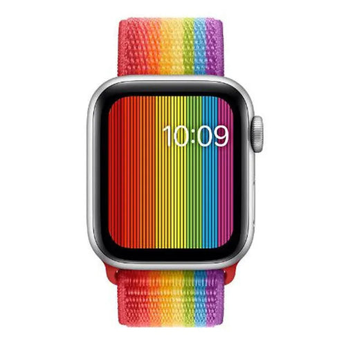Nylon Strap, rainbow, on a watch, 3/4 front view