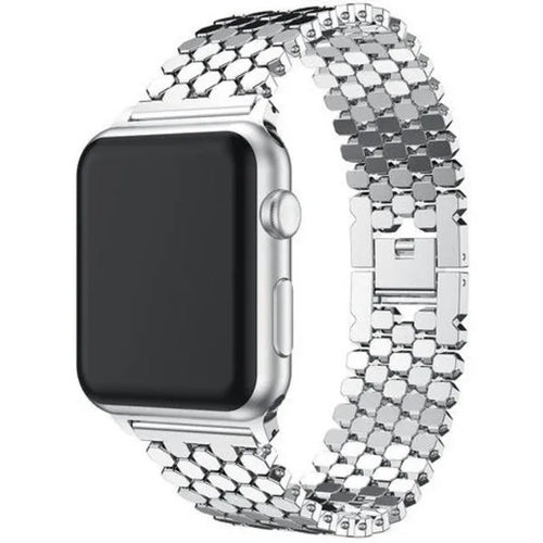 Steel Strap Hexagons, silver, on a watch, 3/4 front view