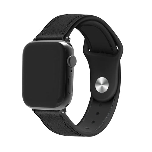 Leather Hybrid Strap, black, on a watch, 3/4 front view