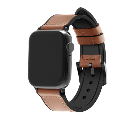 Leather Hybrid Strap, brown, on a watch, 3/4 front view