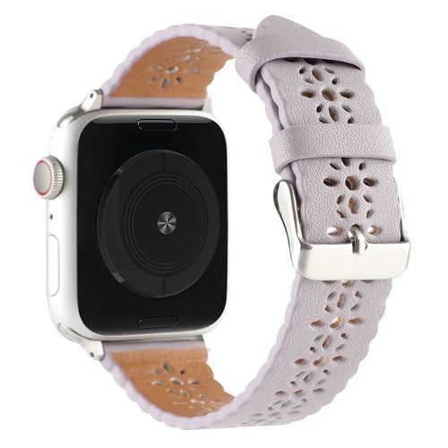Patterned Leather Strap, lilac, on a watch, 3/4 front view