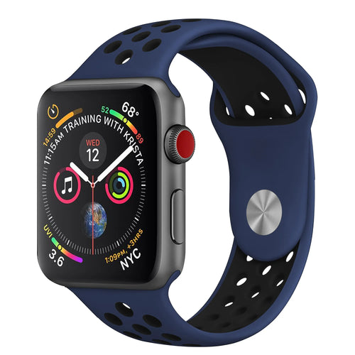 Silicone Sport Strap + TPU Case, blue/black, on a watch, 3/4 front view