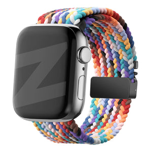 Nylon Braided Strap 'Parachute', rainbow, on a watch, 3/4 front view